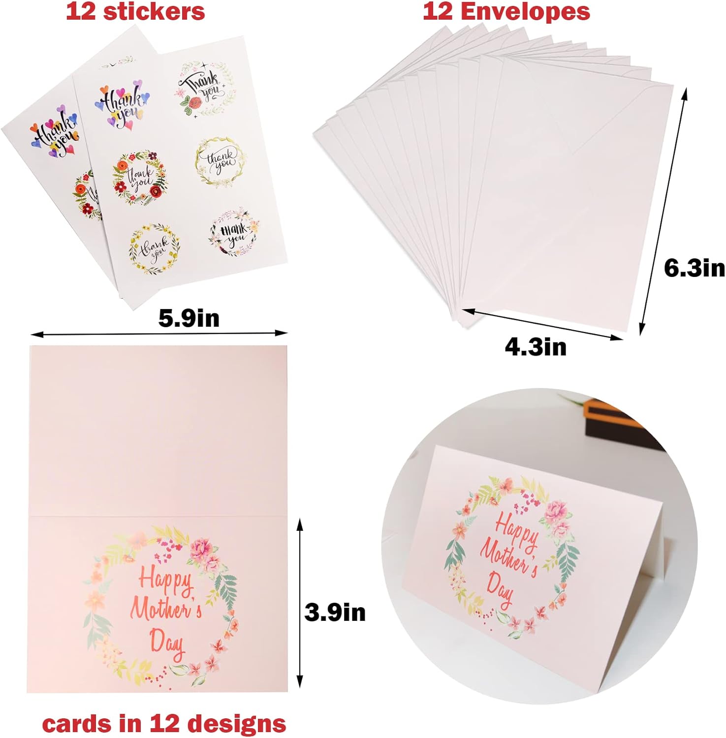 Happy Mothers day Cards, Floral Mother's Day Greeting Card, Note Cards with Envelopes -12 Assorted Designs Happy Mothers day Cards, Floral Mother's Day Greeting Card, Note Cards with Envelopes -12 Assorted Designs